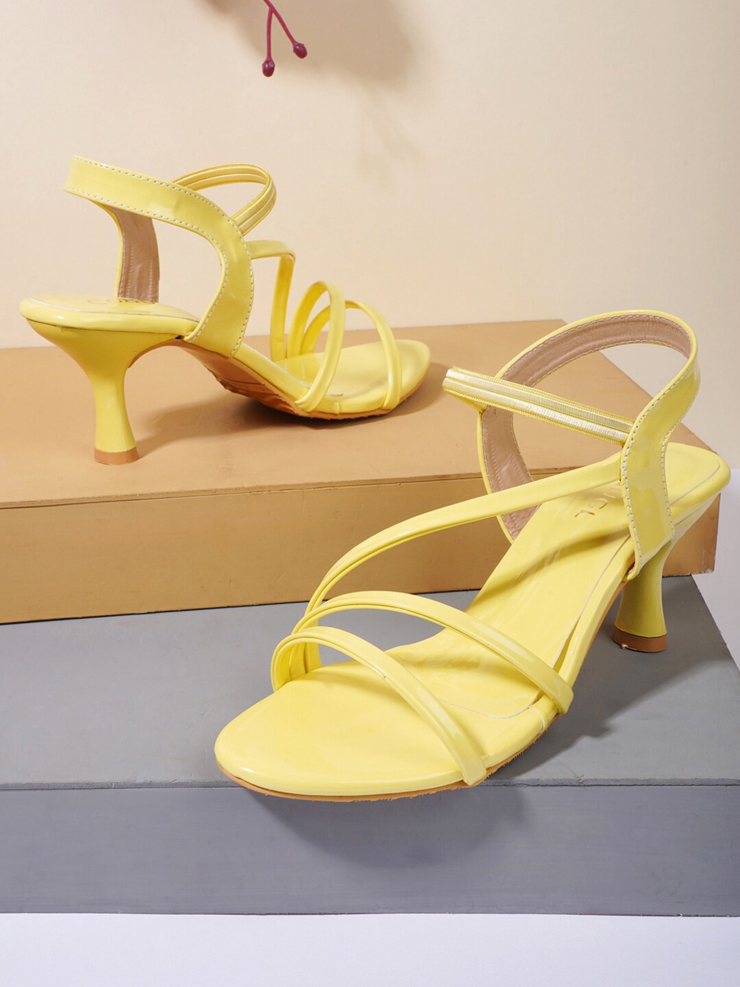 

Cogner Women Yellow Kitten Back Strap Heels