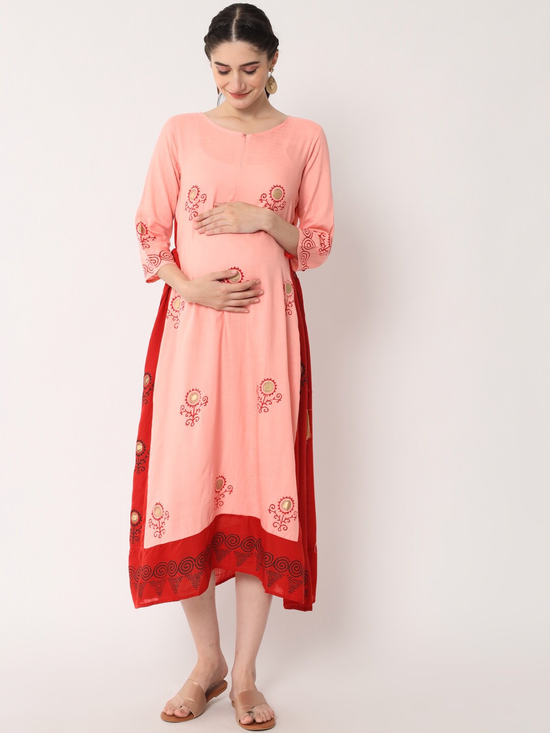 

Aujjessa Peach-Coloured & Red Floral Print Maternity Feeding Midi Dress