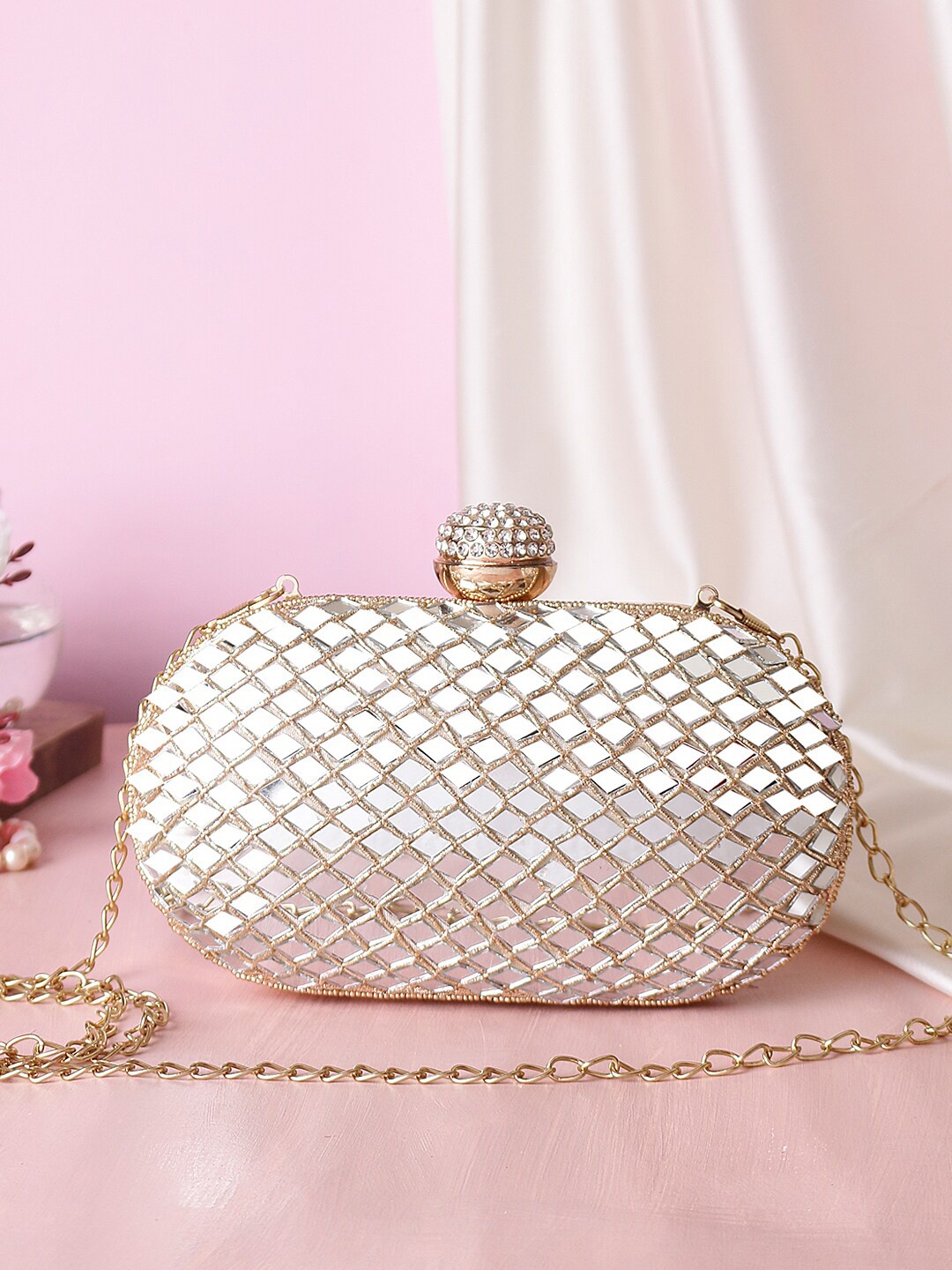 

Swisni Beige Embellished Box Clutch
