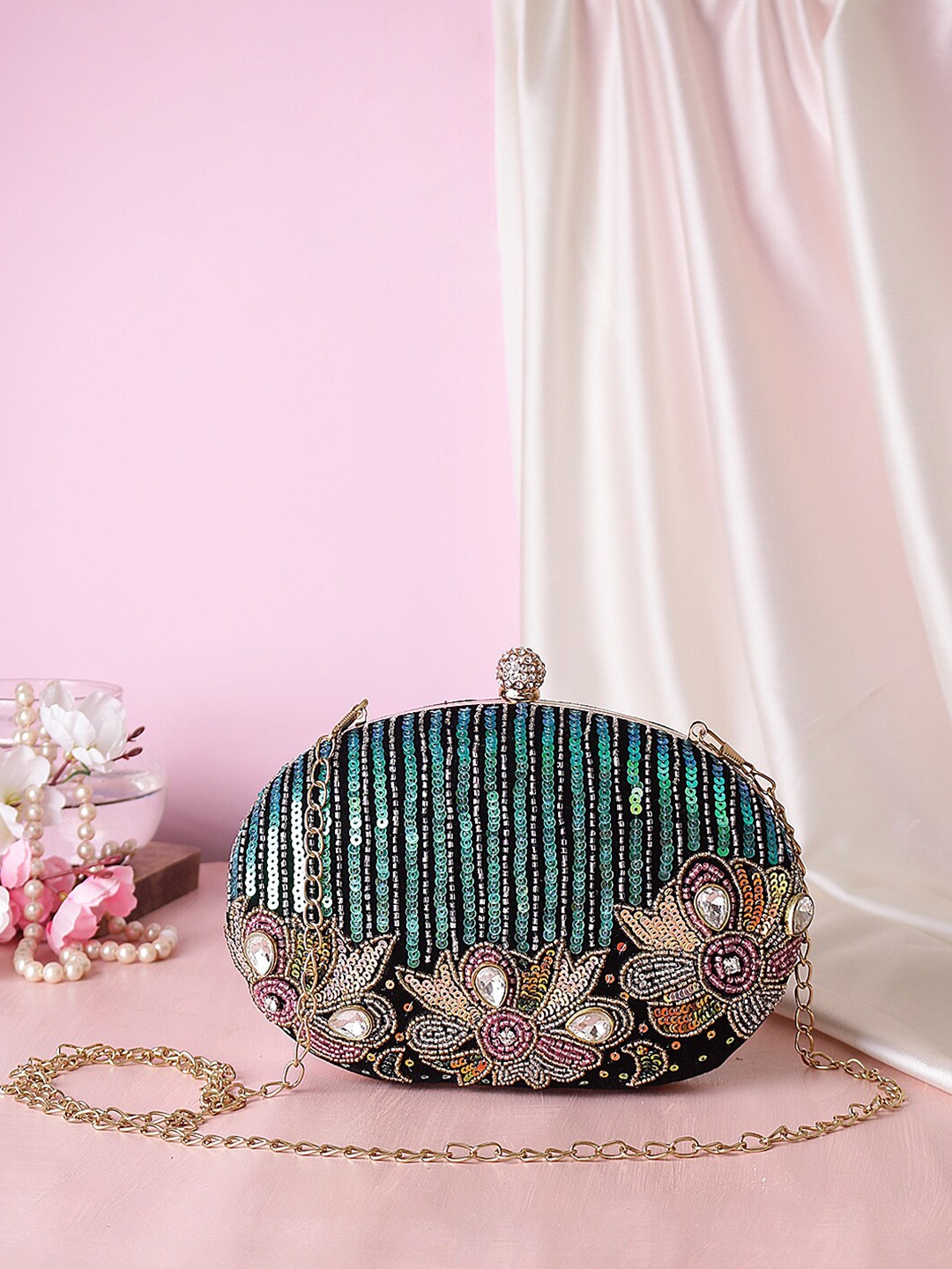 

Swisni Green & Pink Embellished Box Clutch