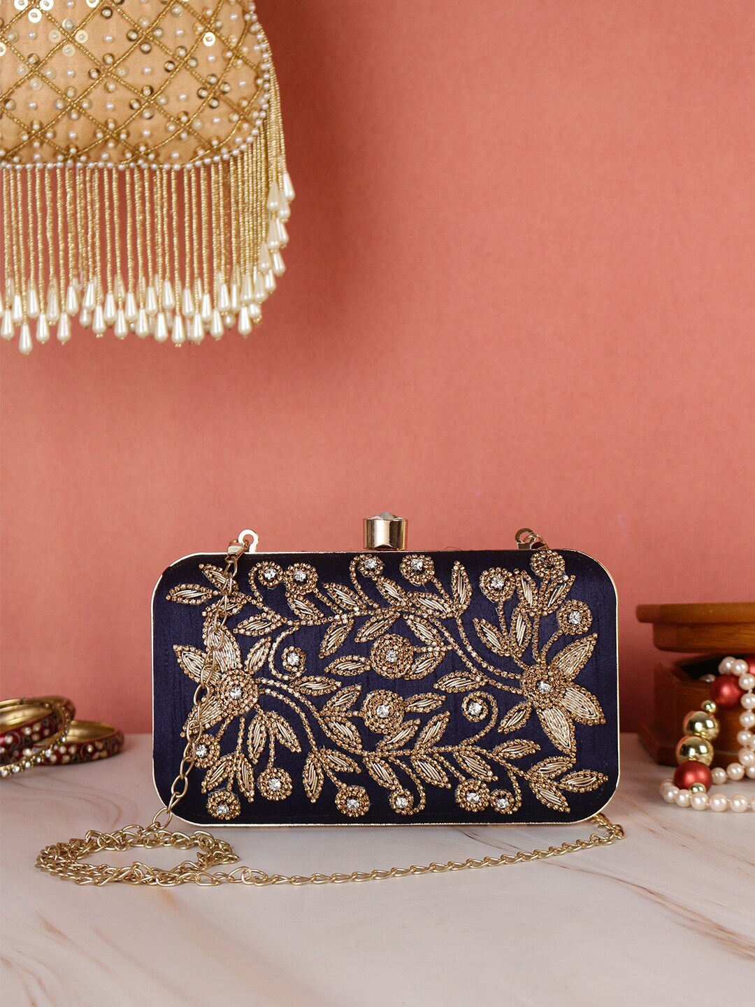 

Swisni Navy Blue & Gold-Toned Embroidered Box Clutch