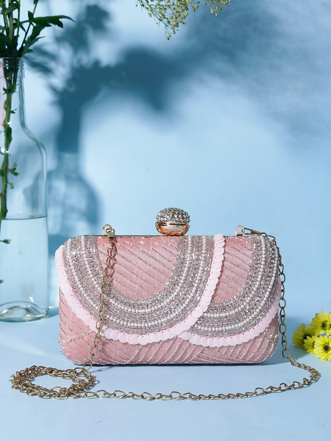 

Swisni Peach-Coloured & White Embellished Box Clutch