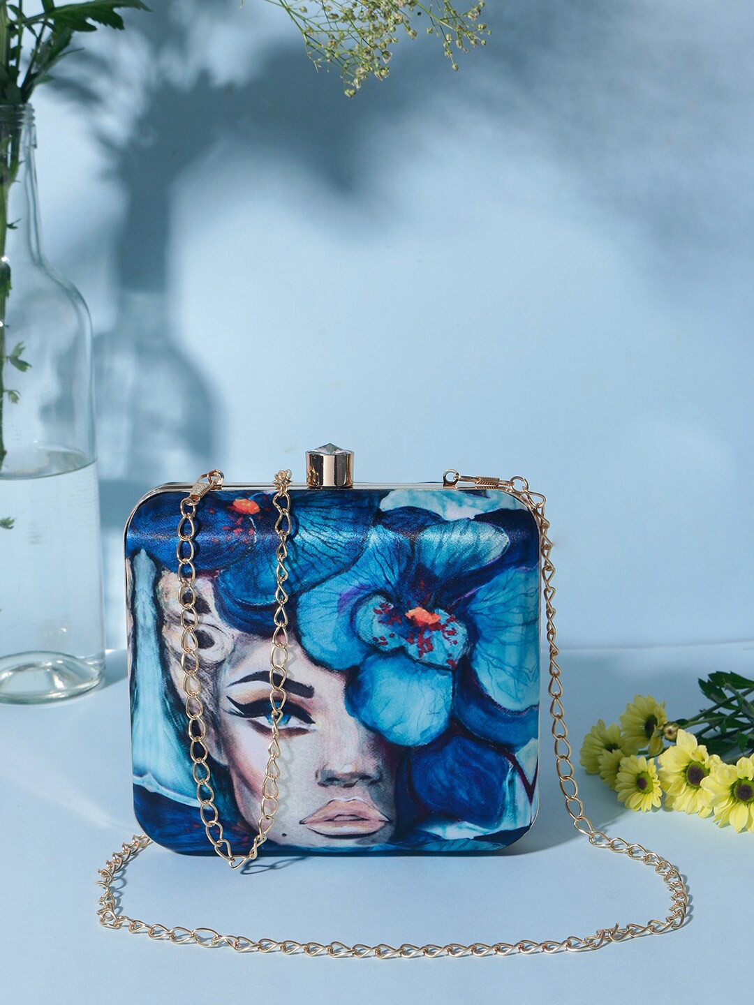 

Swisni Blue & Pink Printed Box Clutch With Shoulder Strap