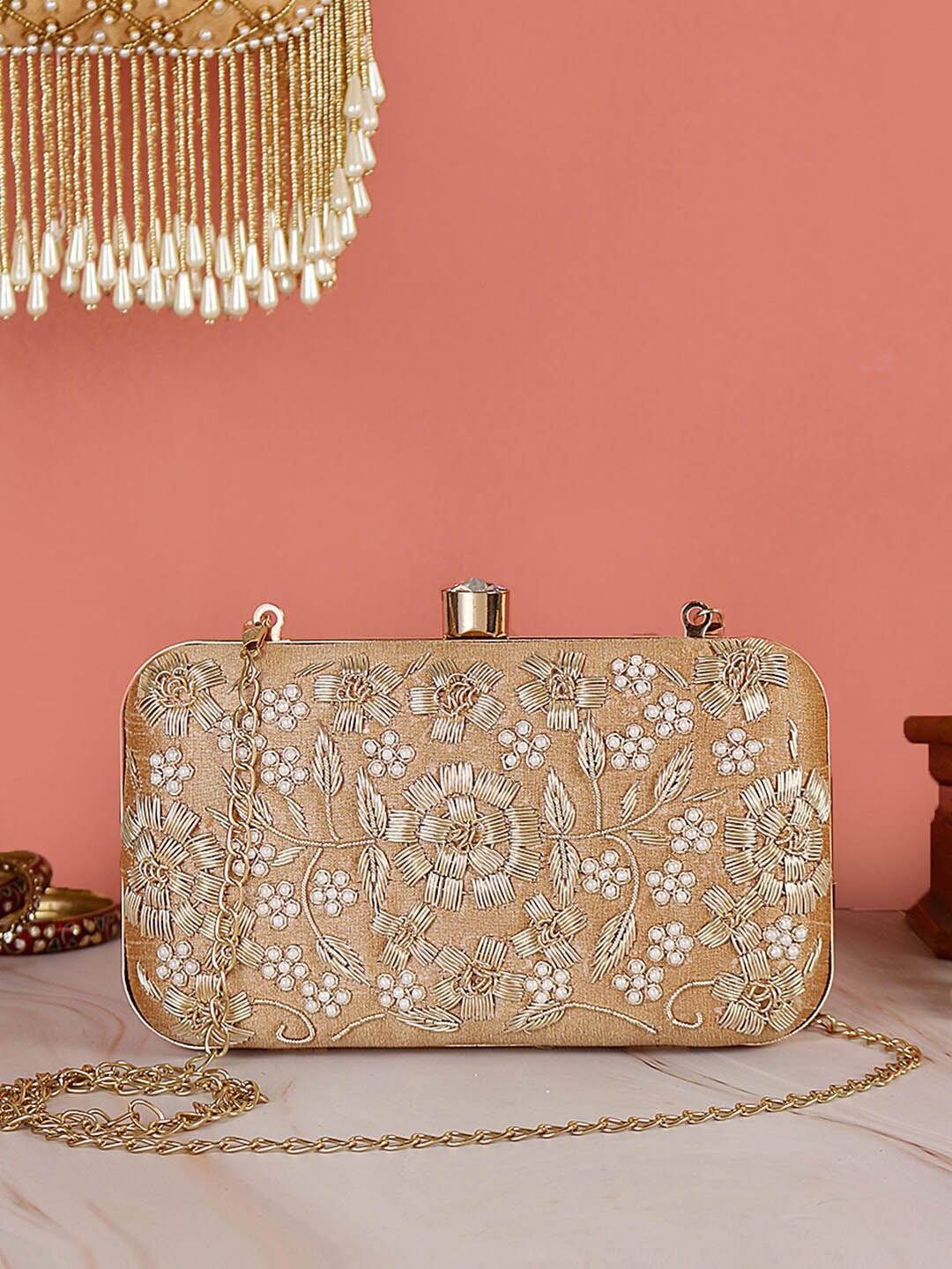 

Swisni Gold-Toned Embroidered Box Clutch