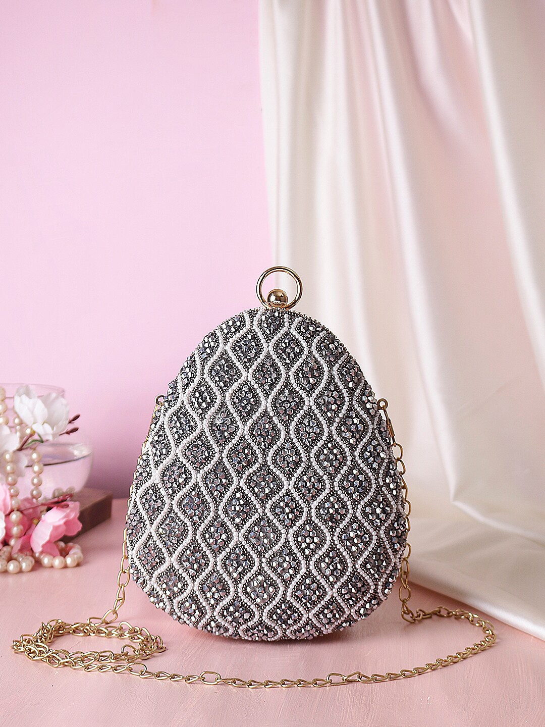 

Swisni Grey & White Embellished Almond Shape Clutch