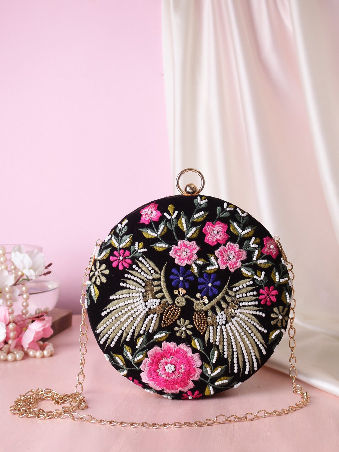 

Swisni Black & Pink Embroidered Box Clutch