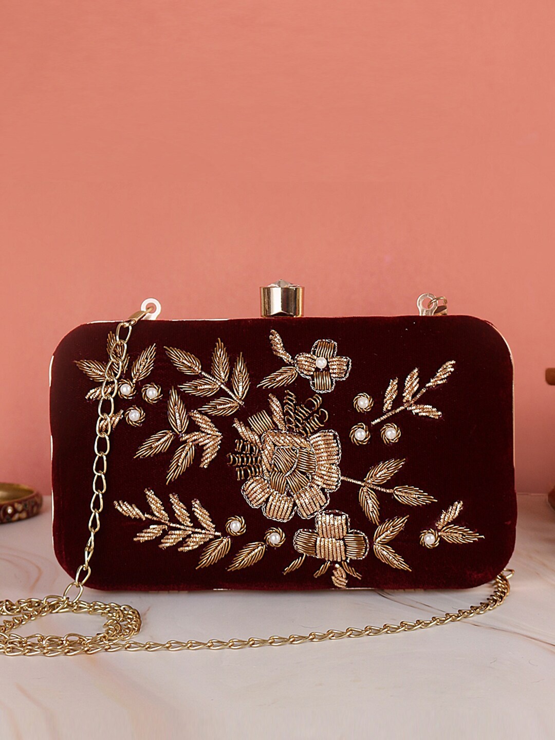 

Swisni Maroon & Gold-Toned Embellished Box Clutch
