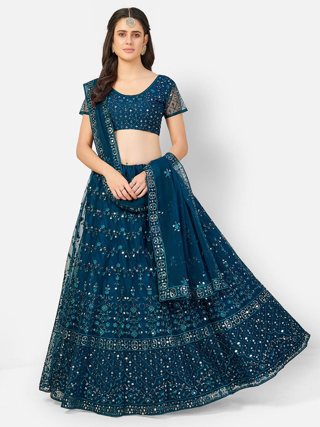 

SHOPGARB Blue & Silver Embellished Semi-Stitched Lehenga & Unstitched Blouse With Dupatta