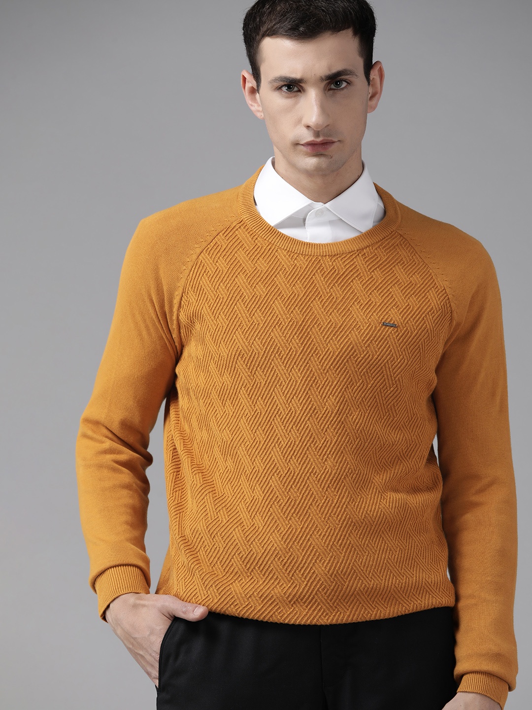 

Van Heusen Men Cotton Knitted Pullover, Mustard