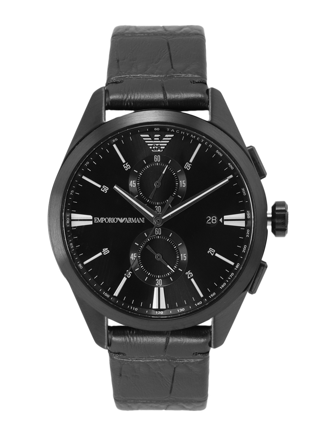 

Emporio Armani Men Black Dial & Black Leather Straps Analogue Chronograph WatchAR11483