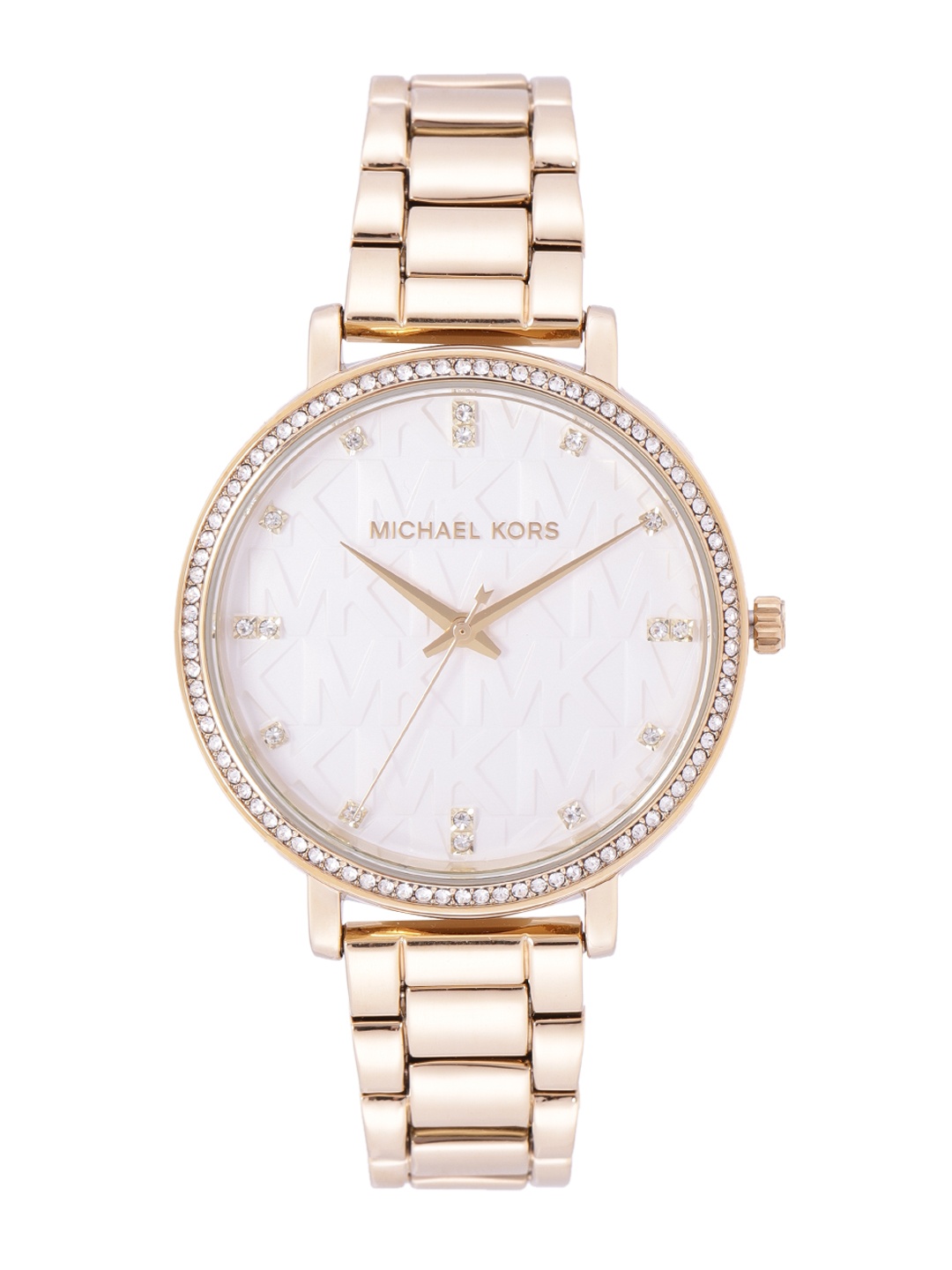 

Michael Kors Women White Embellished Gold Toned Bracelet Style Analogue Watch MK4666