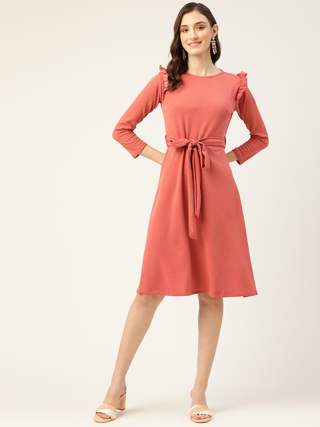 

Anaghakart Coral Orange Solid Ruffle Detail Fit & Flare Dress with a Belt