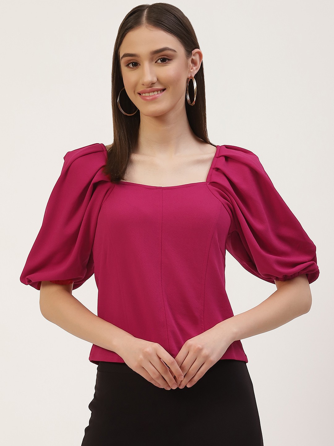 

Anaghakart Women Pink Crepe Puff Sleeves Blouson Top