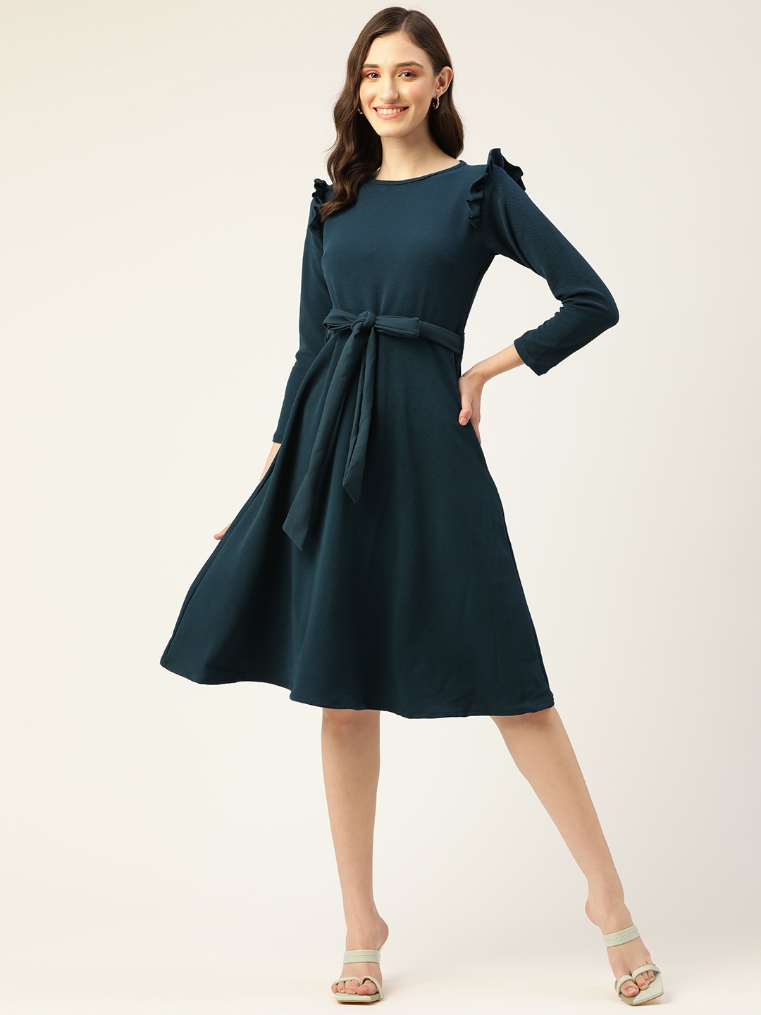 

Anaghakart Teal Blue Solid Ruffle Detail Fit & Flare Dress with a Belt