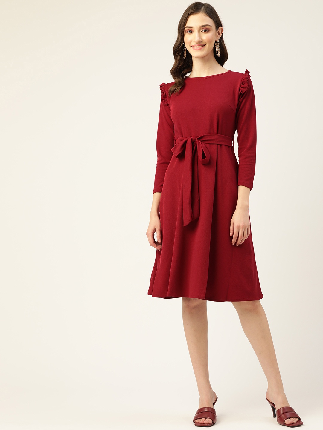 

Anaghakart Maroon Solid Ruffle Detail Fit & Flare Dress with a Belt