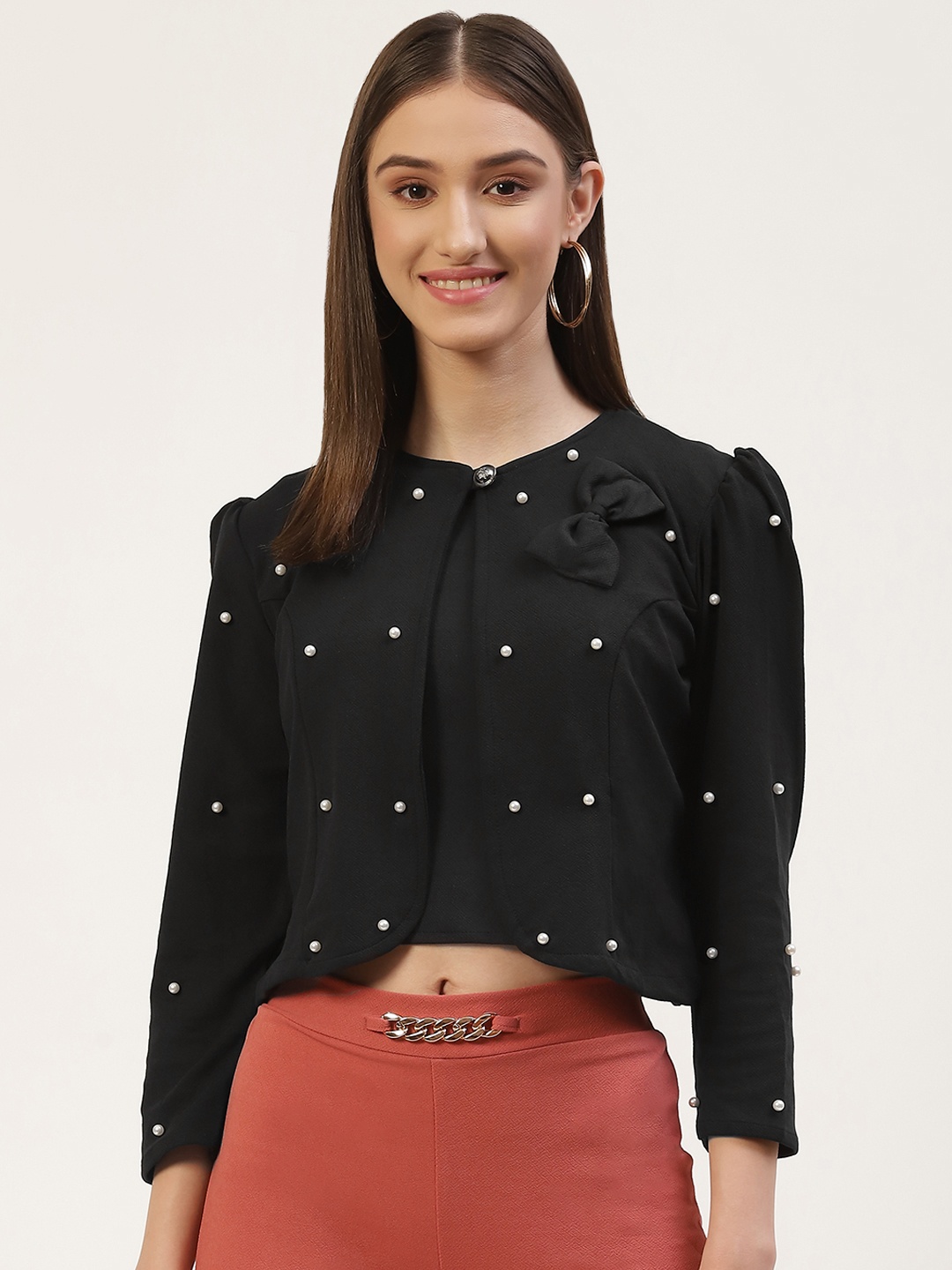 

Anaghakart Women Black & White Embellished Crop Shrug