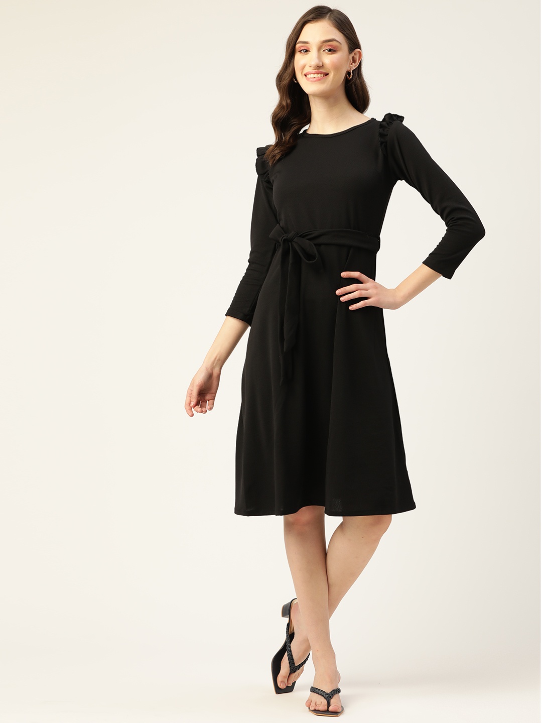 

Anaghakart Black Solid Ruffle Detail Fit & Flare Dress with a Belt