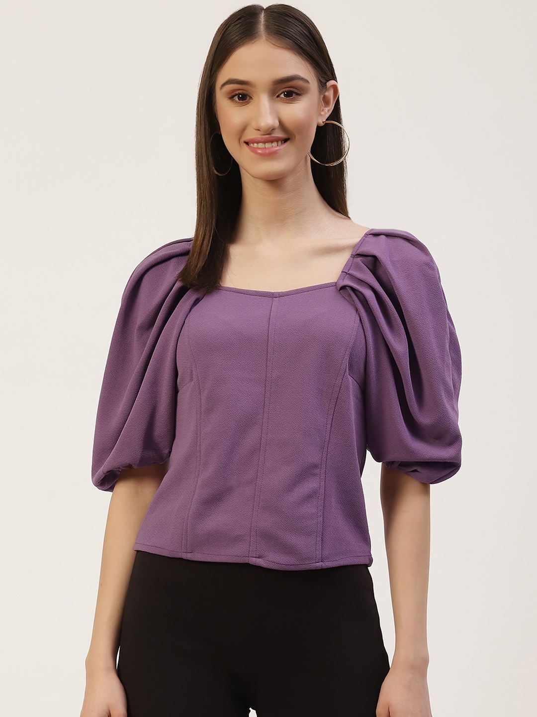 

Anaghakart Women Purple Crepe Puff Sleeves Blouson Top