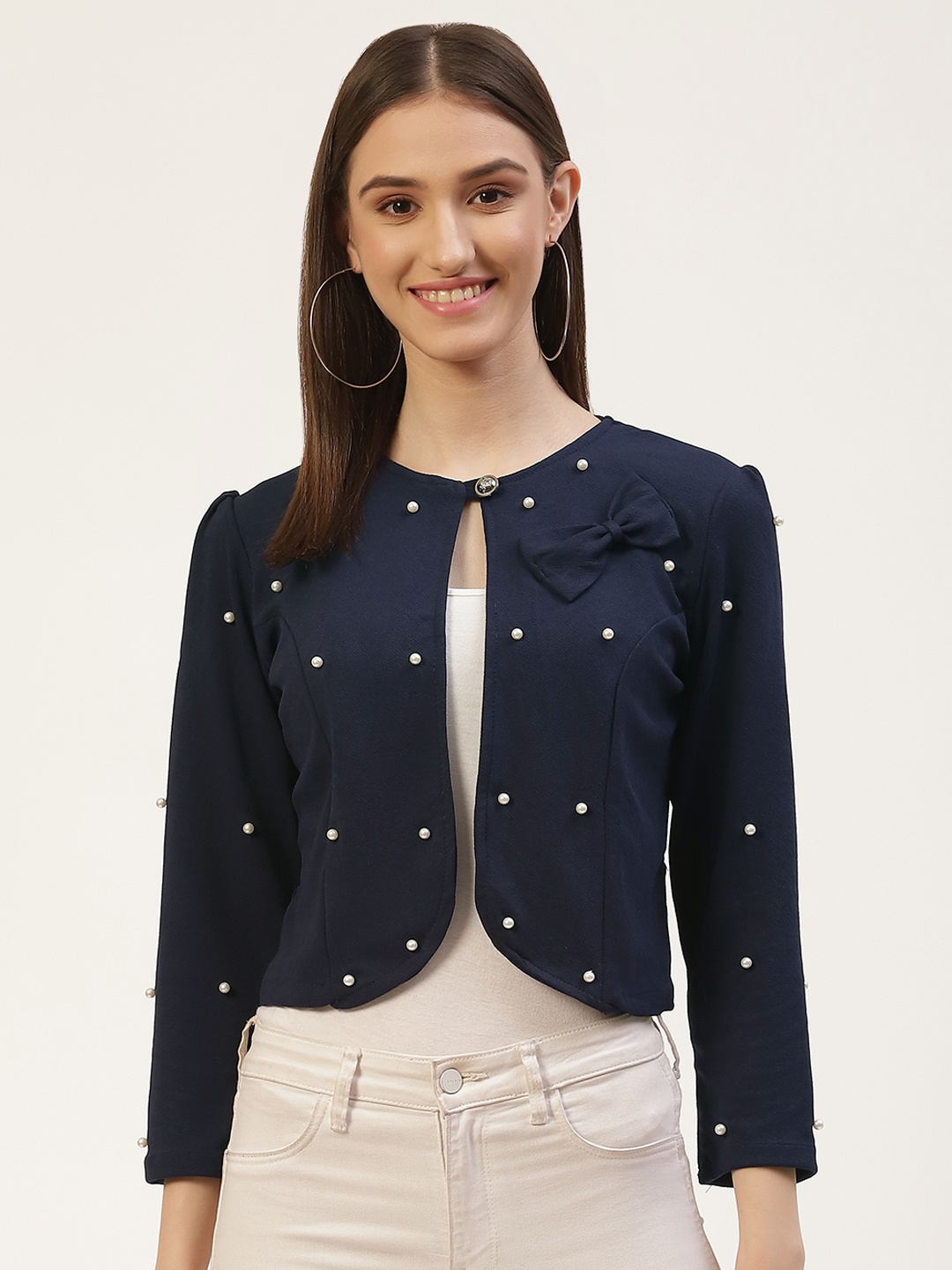

Anaghakart Women Navy Blue Embellished Crop Shrug