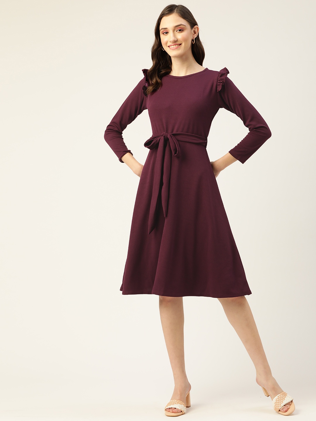 

Anaghakart Purple Solid Ruffle Detail Fit & Flare Dress with a Belt