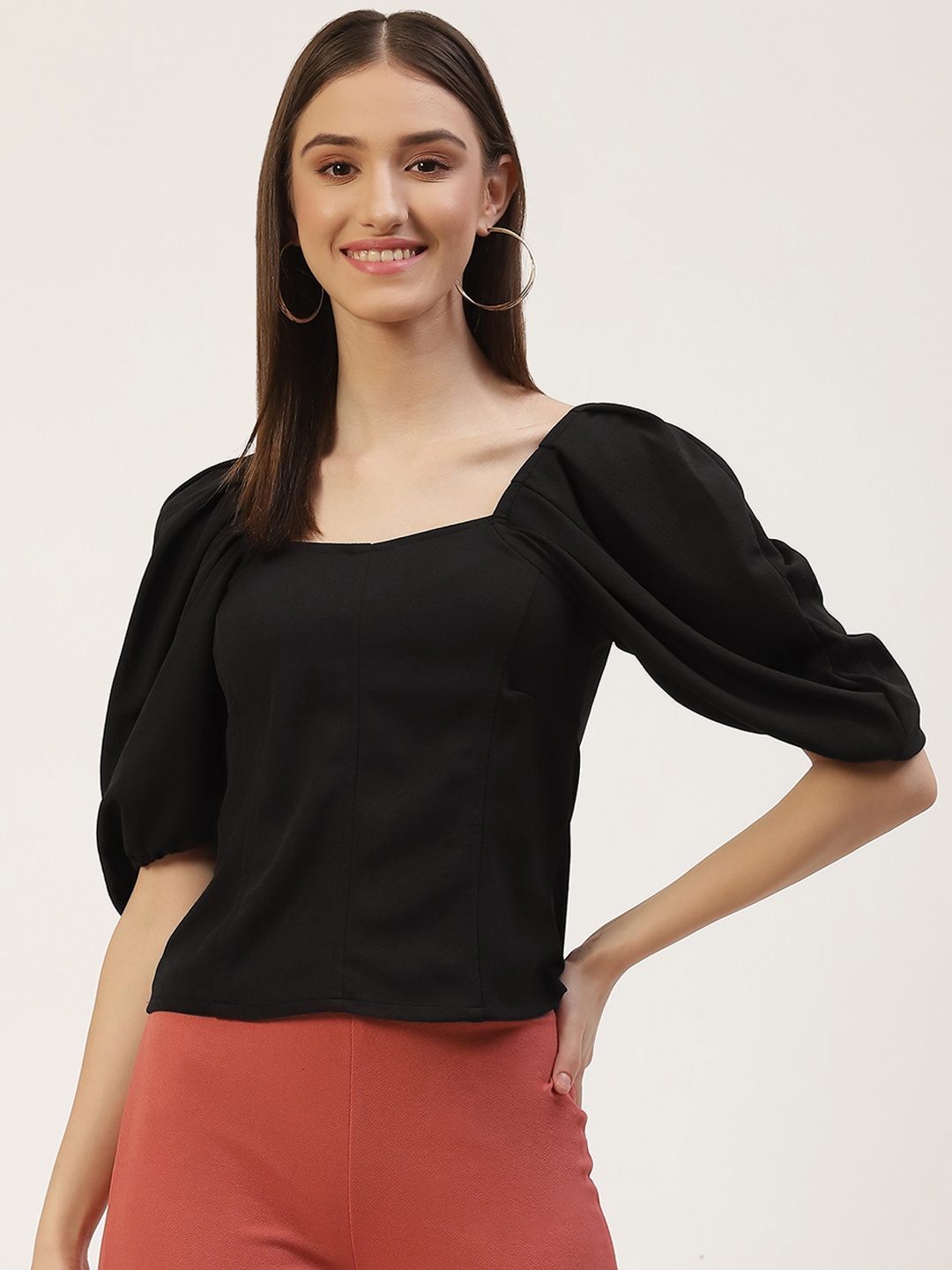 

Anaghakart Women Black Crepe Puff Sleeves Blouson Top