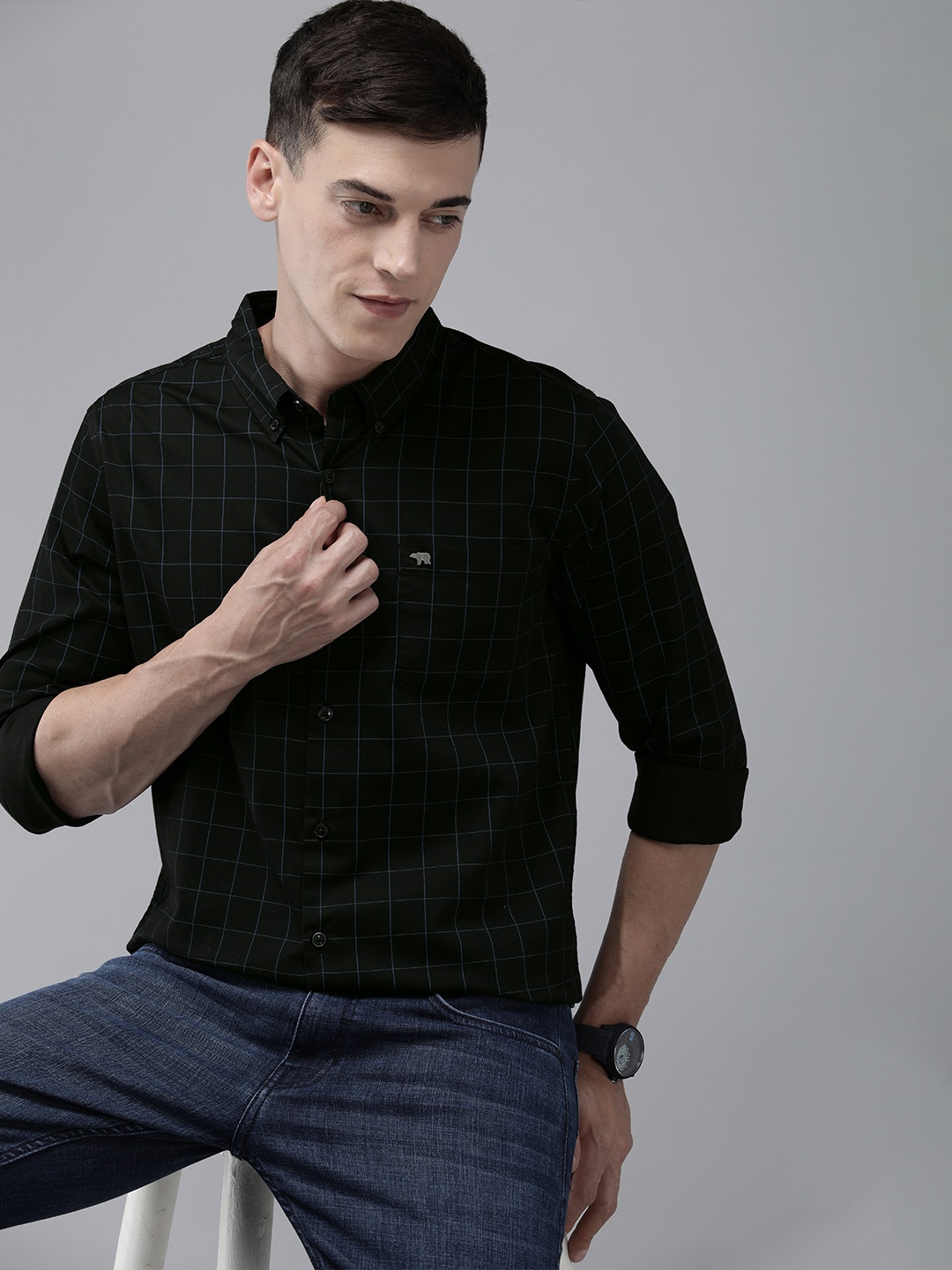 

THE BEAR HOUSE Men Black Slim Fit Windowpane Checked Cotton Casual Shirt