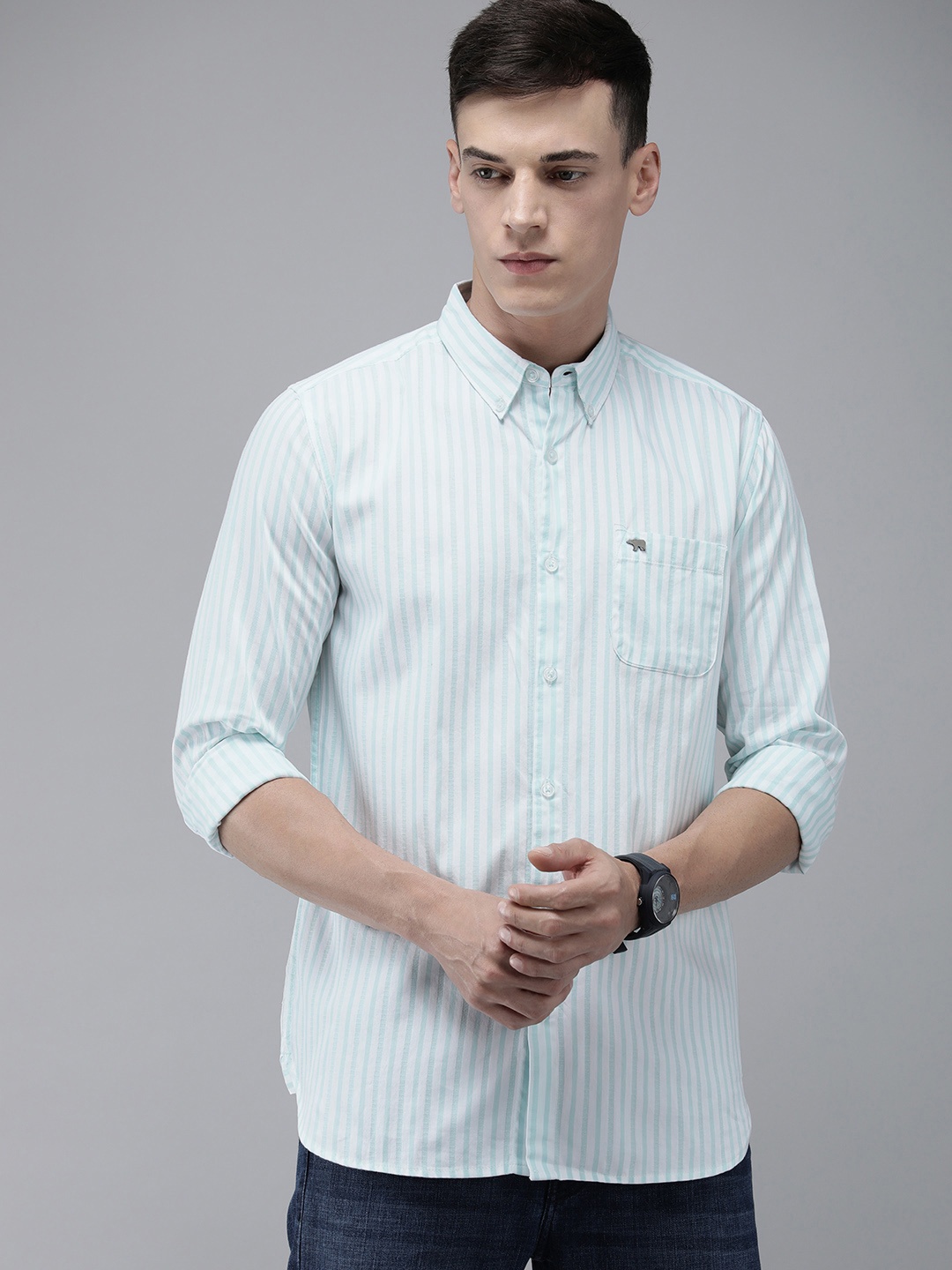 

THE BEAR HOUSE Men Slim Fit Striped Cotton Casual Shirt, White