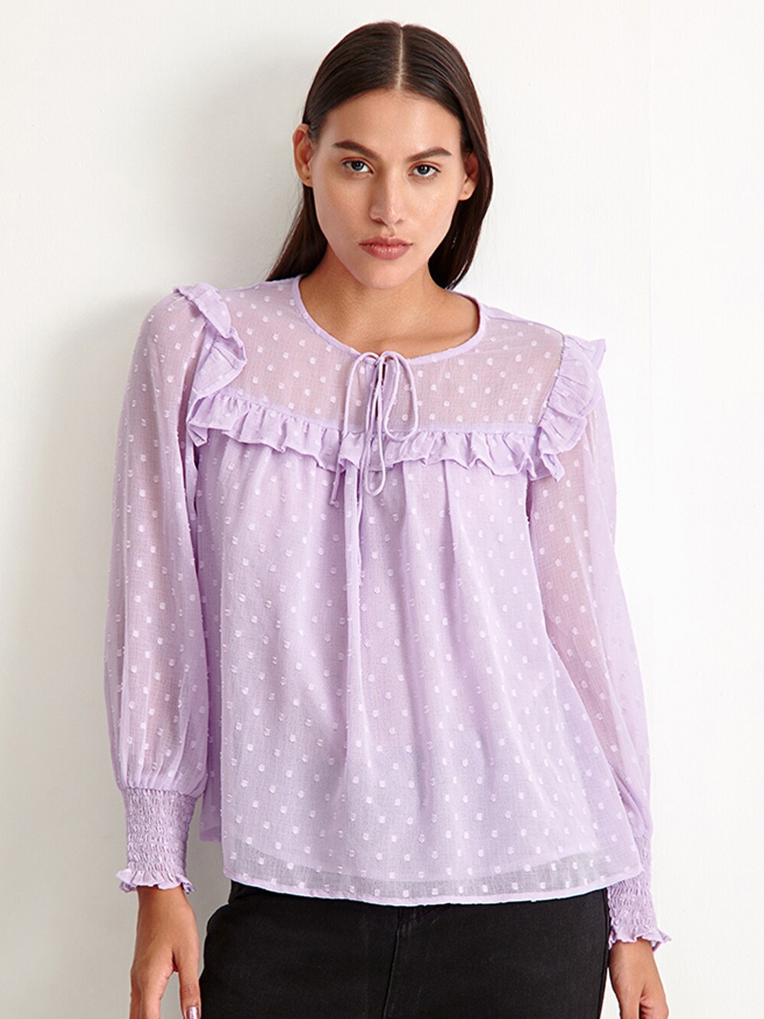 

COVER STORY Lavender Tie-Up Neck Ruffles Top