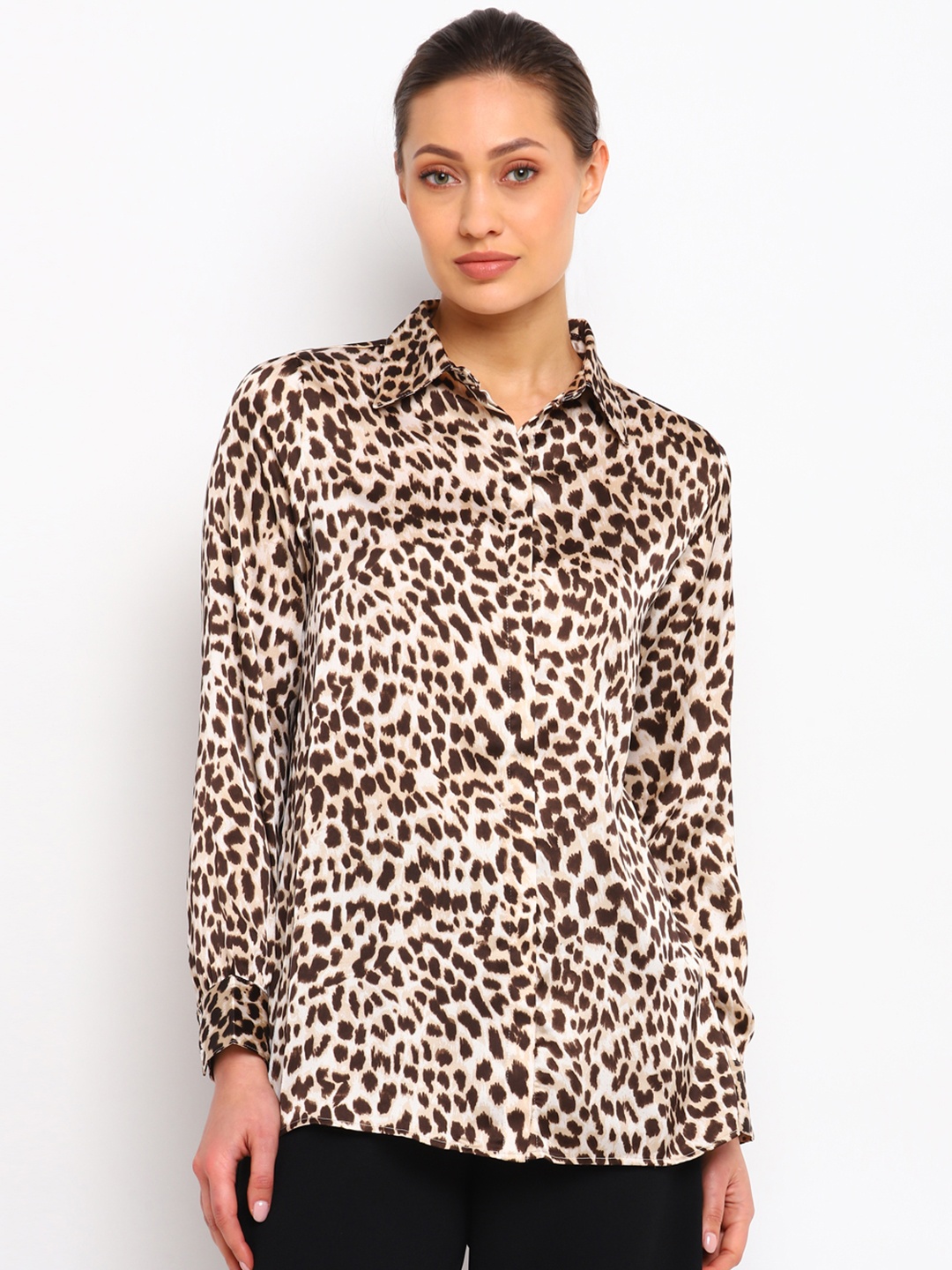 

COVER STORY Women Brown & Cream-Coloured Animal Print Shirt Style Top