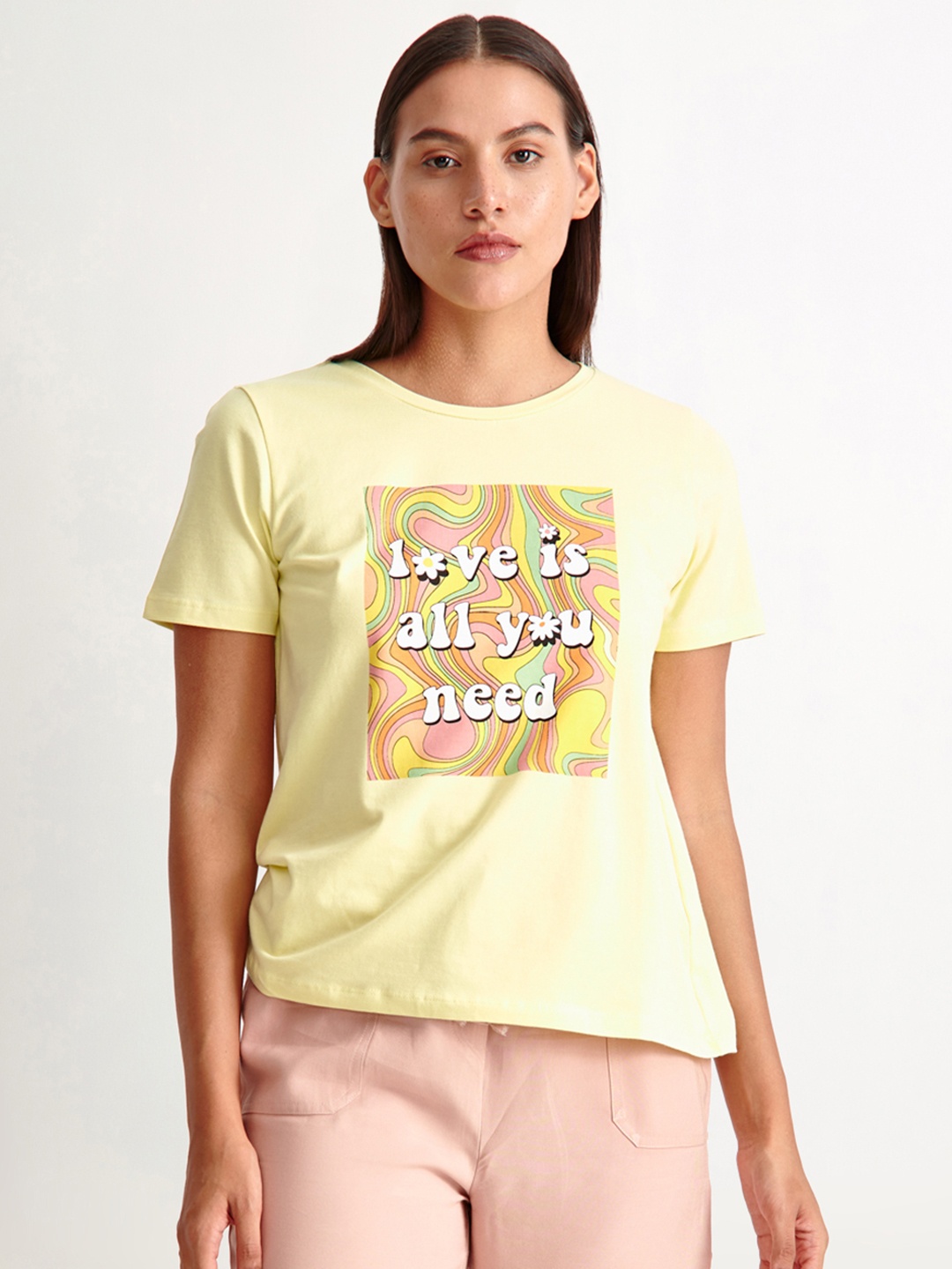 

COVER STORY Women Yellow Printed T-shirt