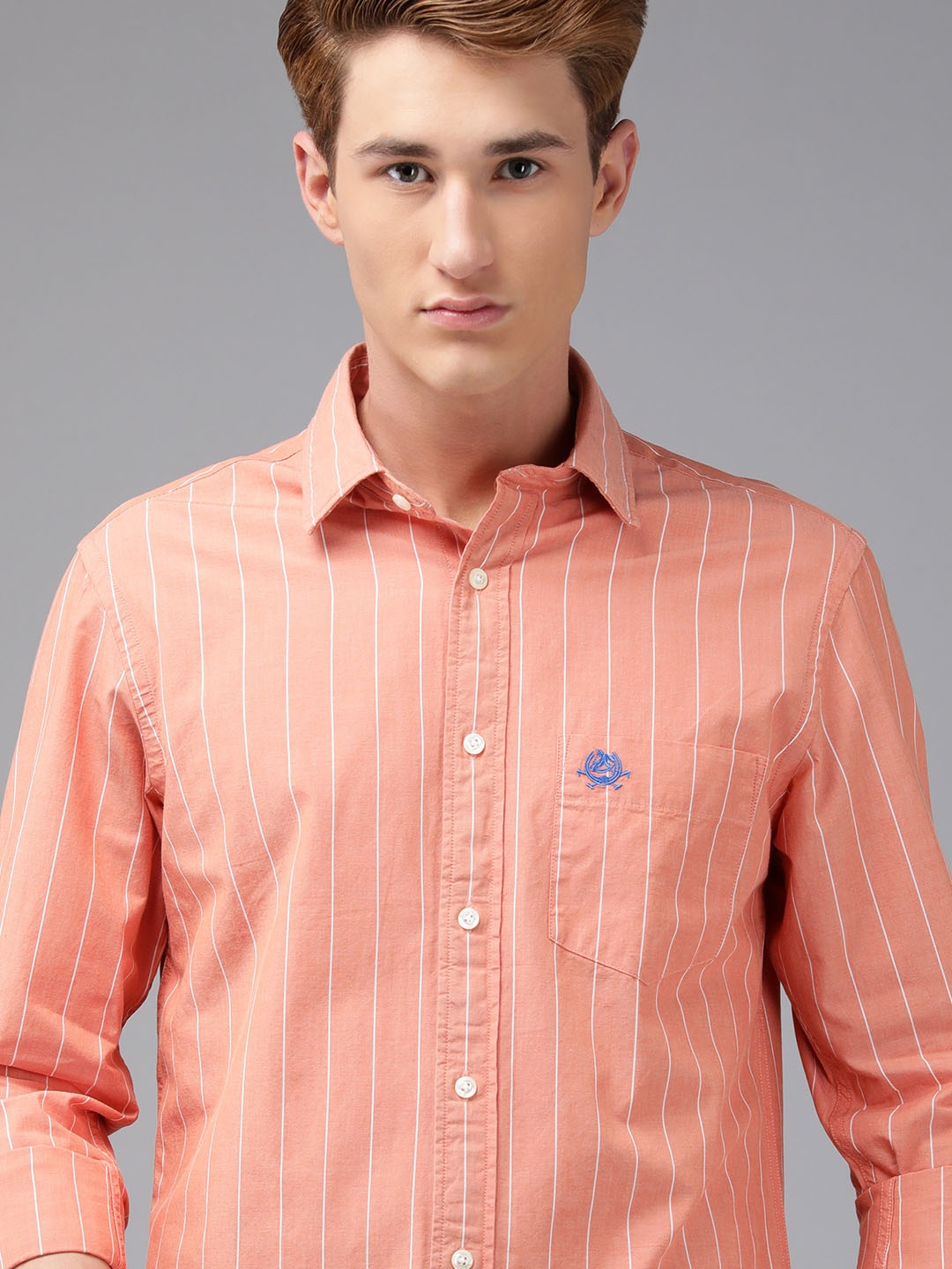 

U.S. Polo Assn. Men Orange Tailored Fit Pinstripes Opaque Pure Cotton Casual Shirt