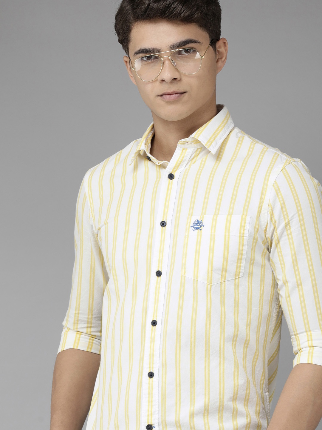 

U S Polo Assn Men White & Yellow Striped Tailored Fit Pure Cotton Casual Shirt