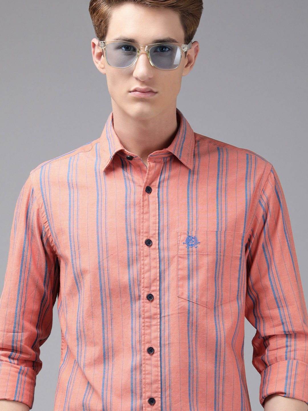 

U.S. Polo Assn. Men Coral Orange Tailored Fit Multi Stripes Pure Cotton Casual Shirt