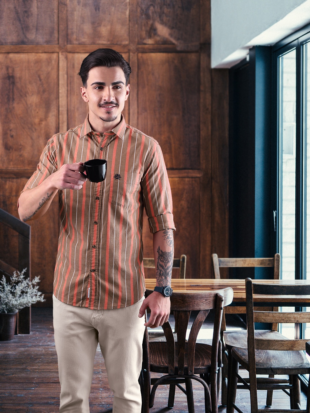 

U.S. Polo Assn. Men Brown Tailored Fit Striped Pure Cotton Casual Shirt