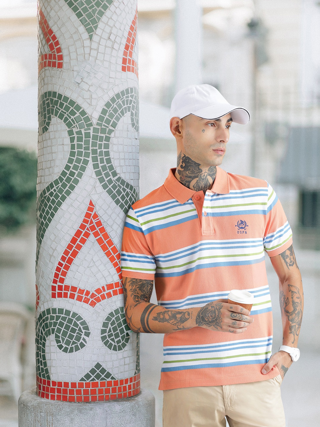

U S Polo Assn Men Peach-Coloured & White Striped Polo Collar Pure Cotton Slim Fit T-shirt