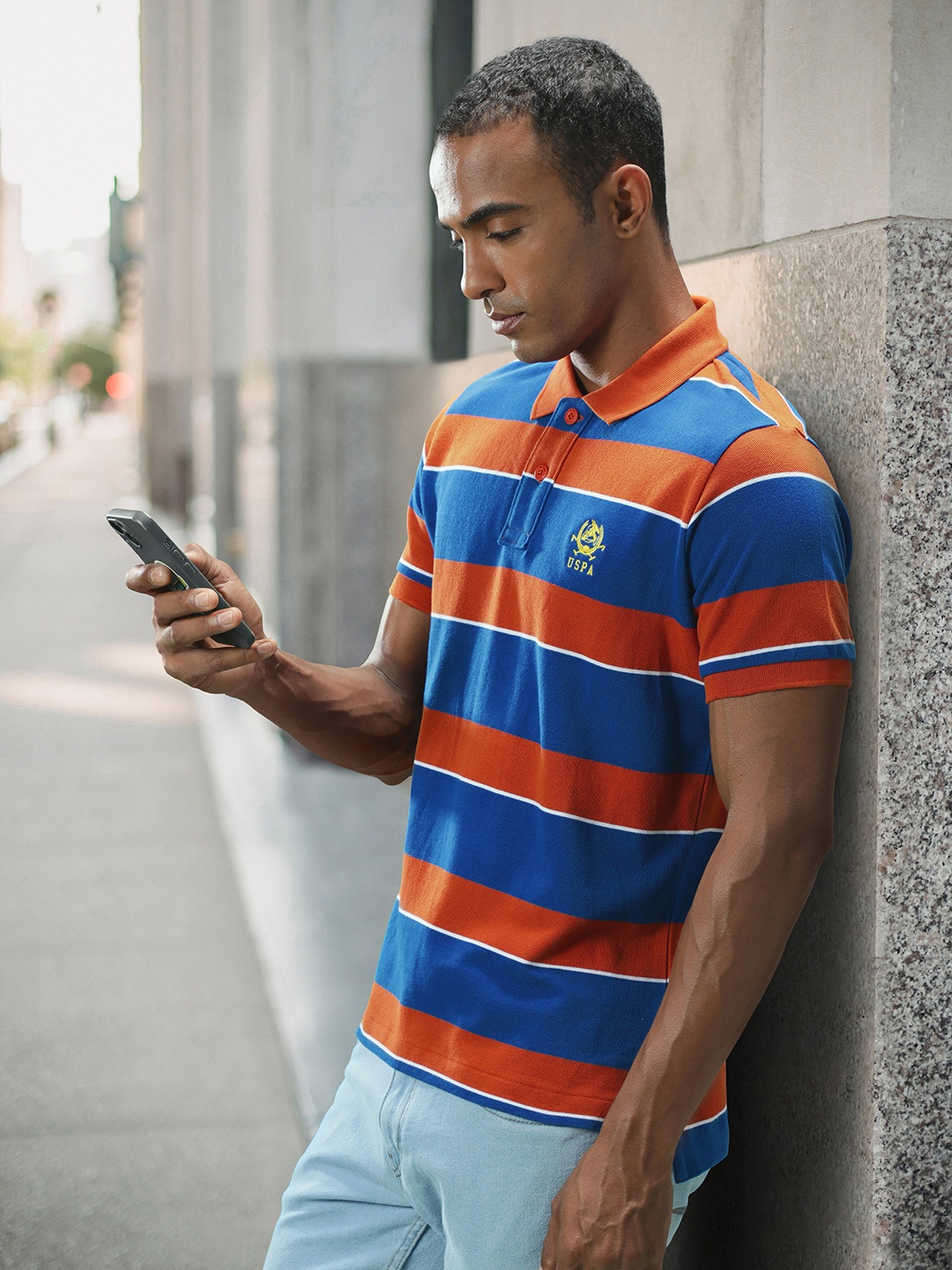 

U S Polo Assn Men Orange & Blue Striped Polo Collar Slim Fit Pure Cotton T-shirt