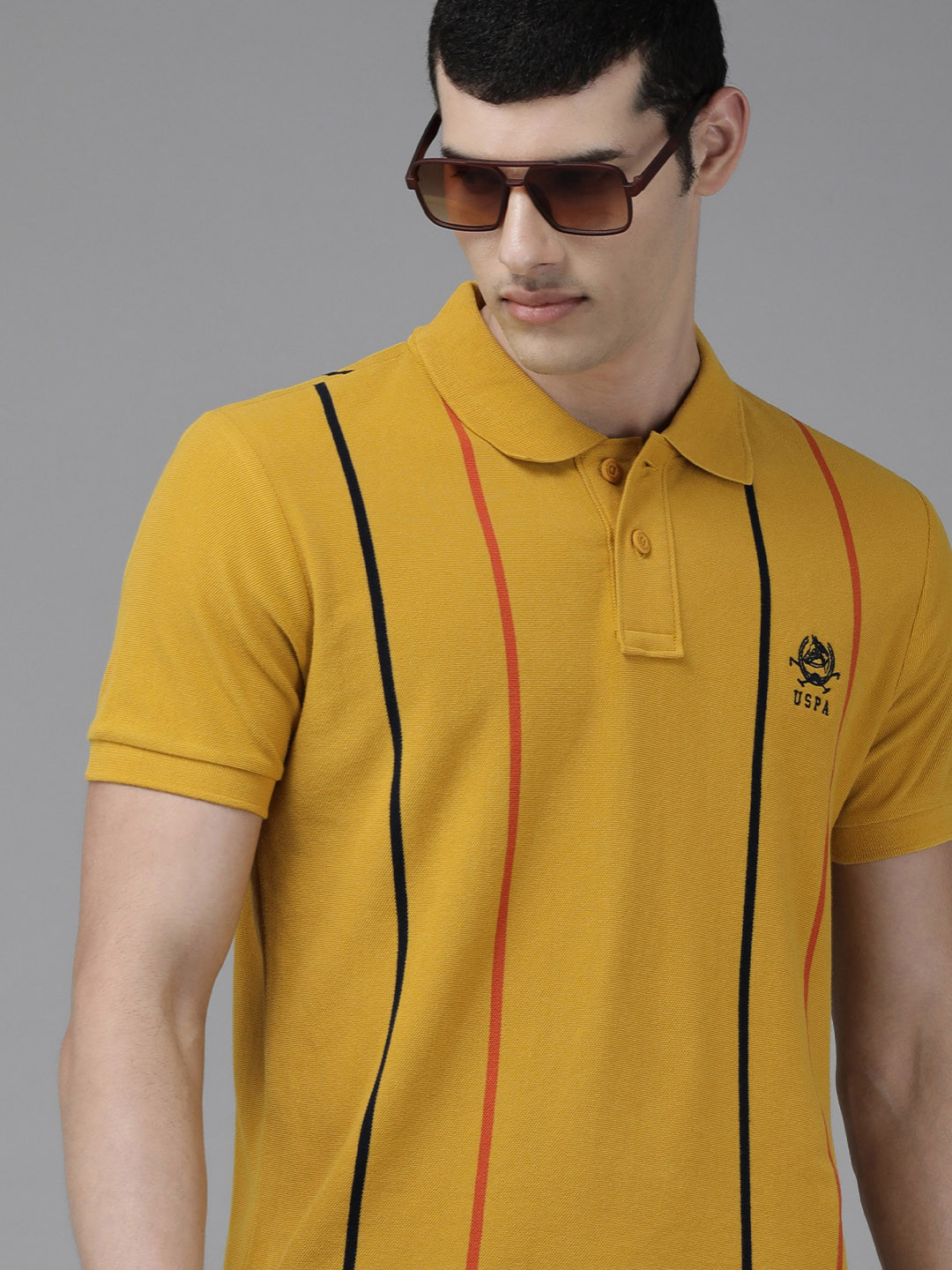 

U S Polo Assn Men Mustard Yellow & Black Striped Polo Collar Pure Cotton Slim Fit T-shirt