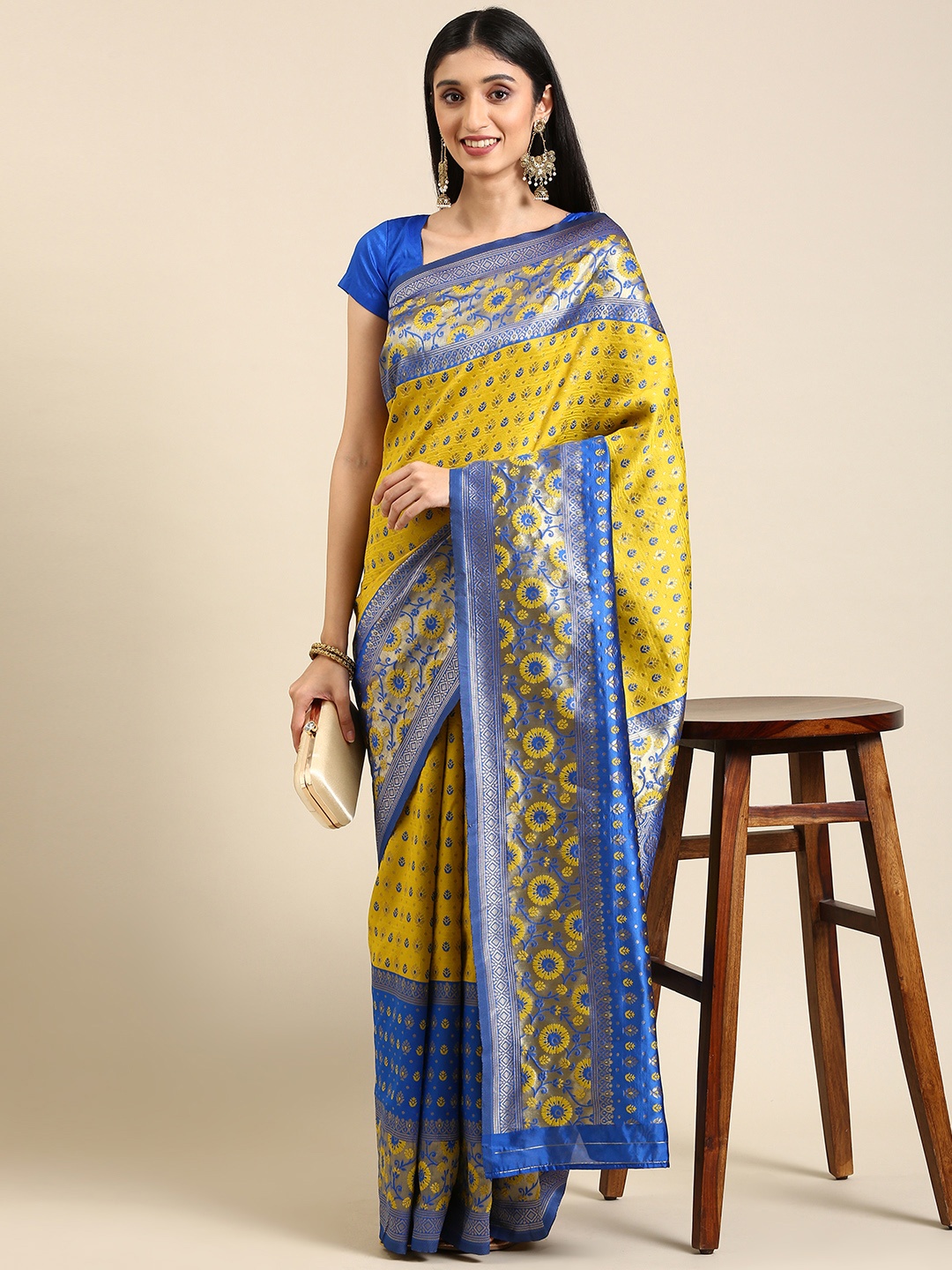 

Anouk Mustard Green & Blue Woven Design Pure Silk Banarasi Saree