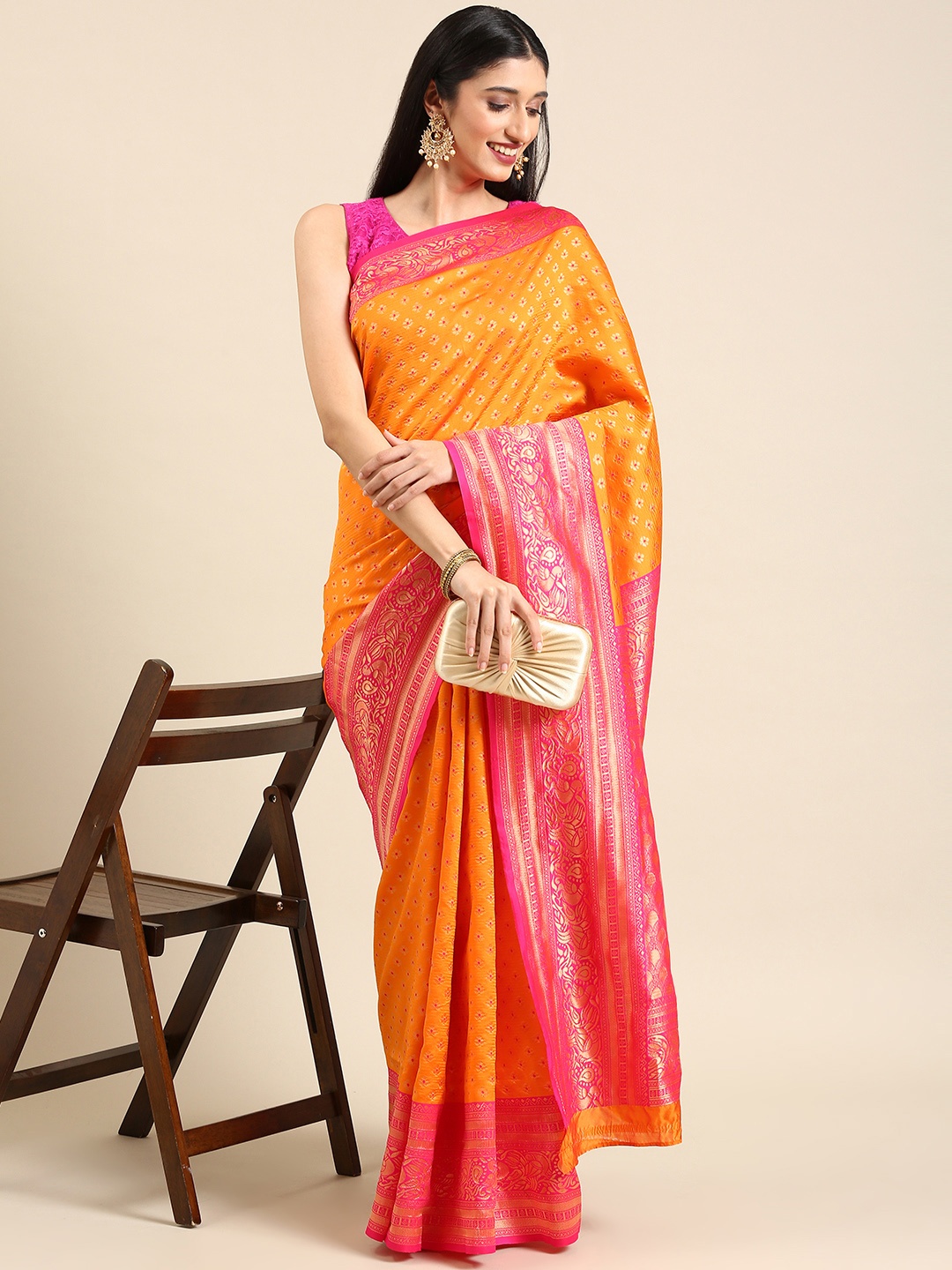 

Anouk Orange & Pink Woven Design Pure Silk Kanjeevaram Saree