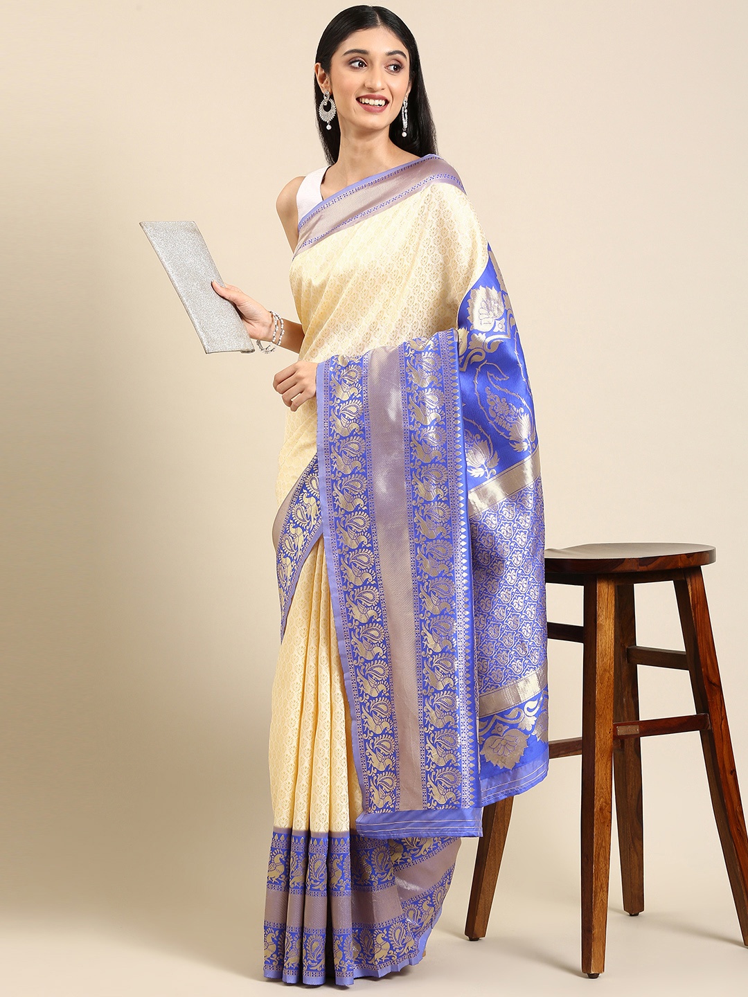 

Anouk Cream-Coloured & Blue Woven Design Pure Silk Banarasi Saree