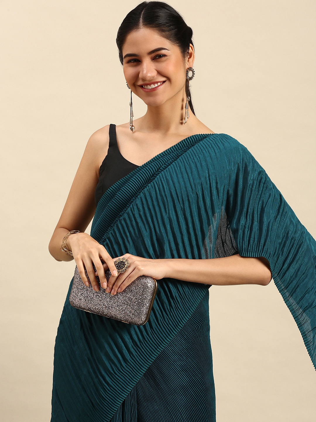 

TORONFRAS Teal Blue Solid Art Silk Saree