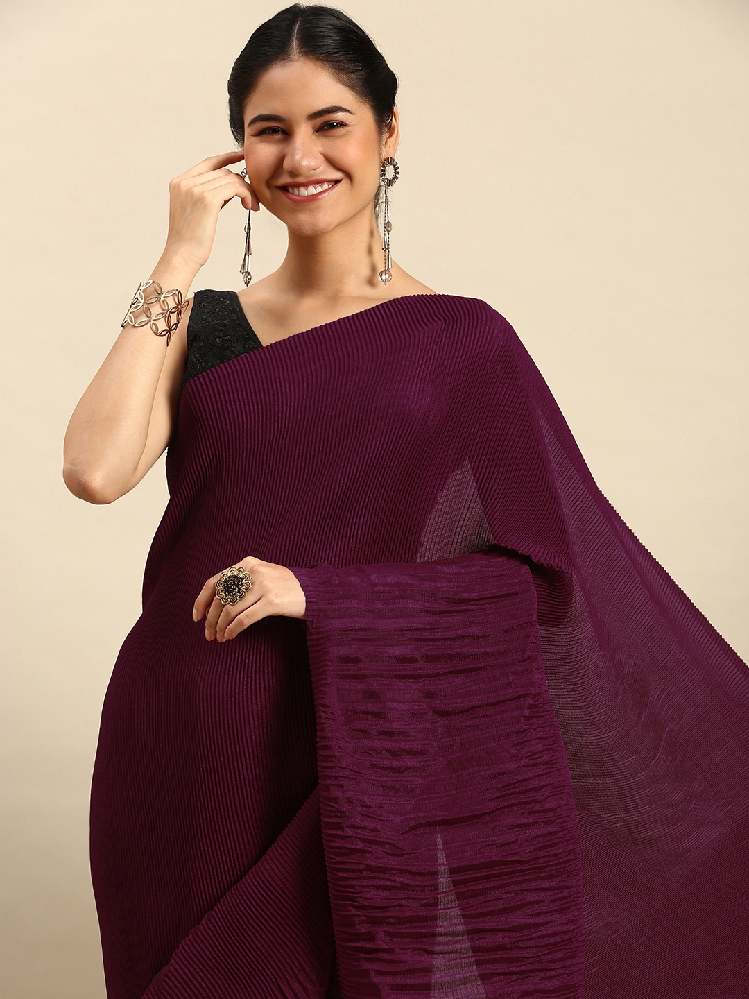 

TORONFRAS Burgundy Solid Art Silk Saree