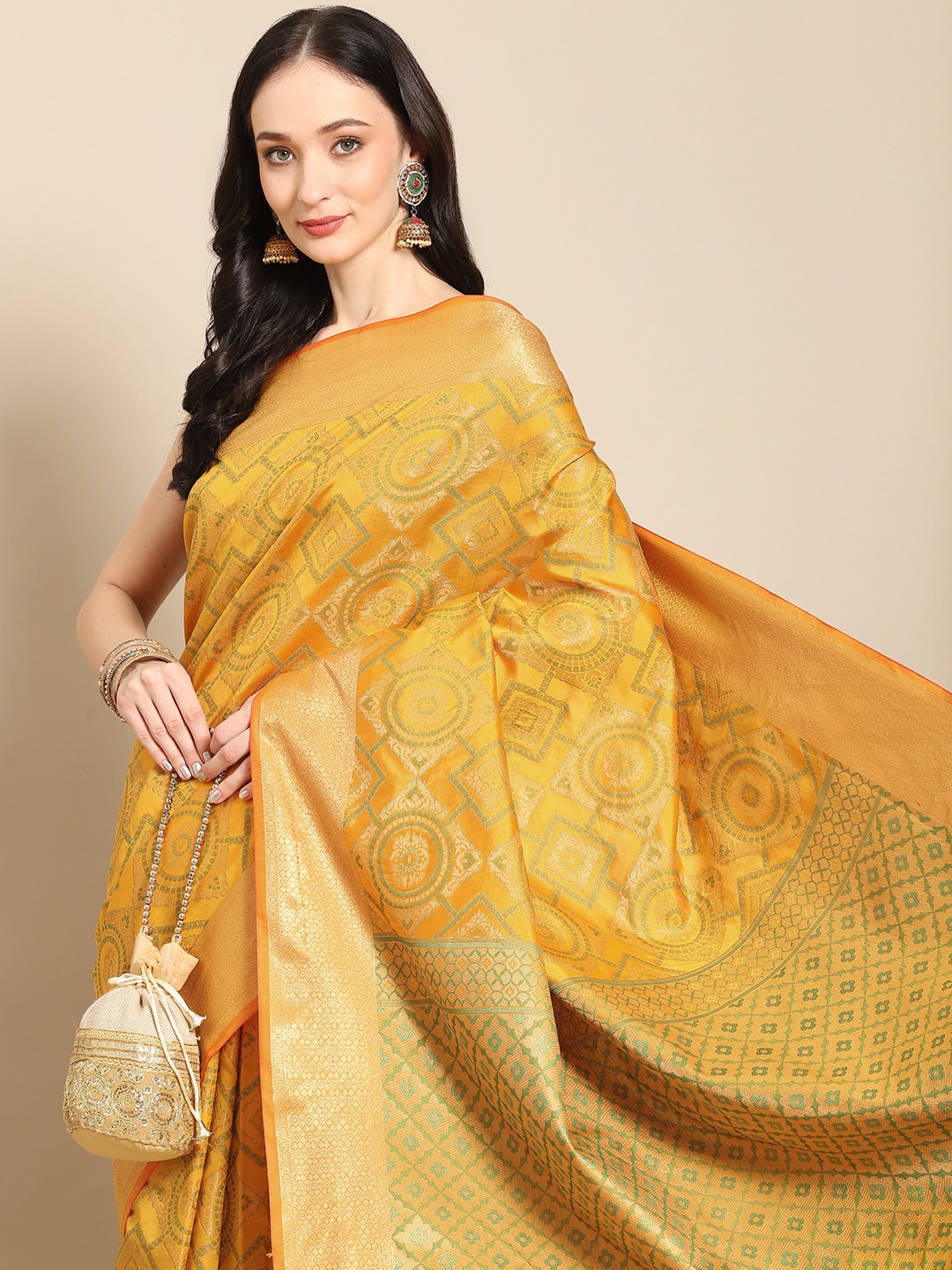 

all about you Mustard & Gold-Toned Zari Silk Blend Saree