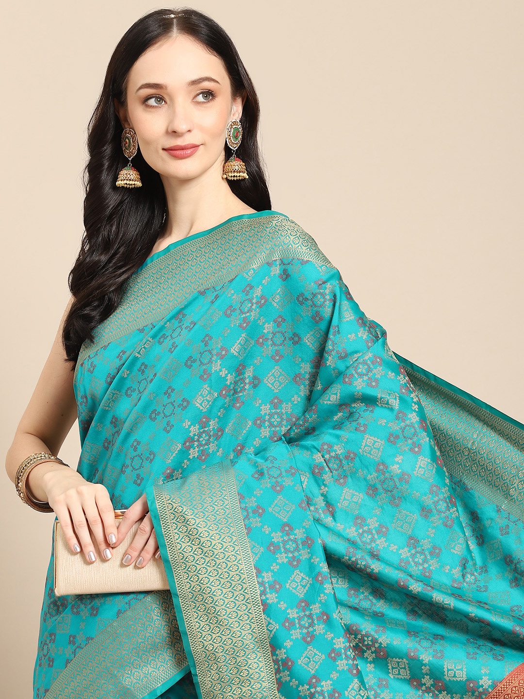 

all about you Teal & Gold-Toned Ethnic Motifs Zari Silk Blend Saree