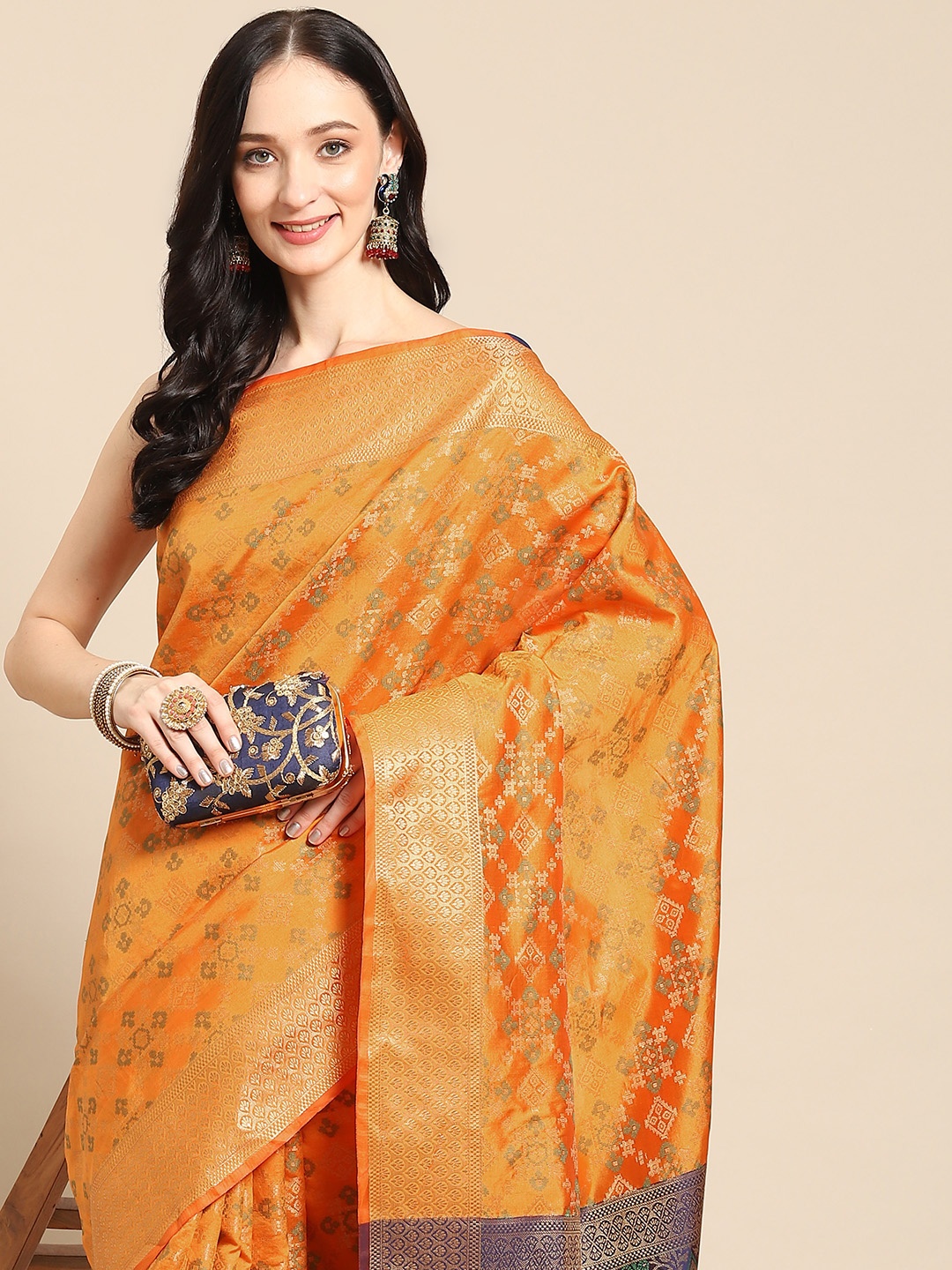 

all about you Orange & Gold-Toned Ethnic Motifs Zari Silk Blend Saree