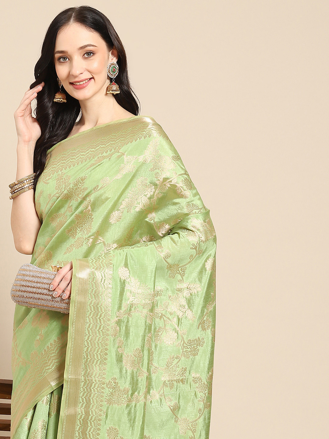 

all about you Green & Gold-Toned Floral Zari Organza Saree