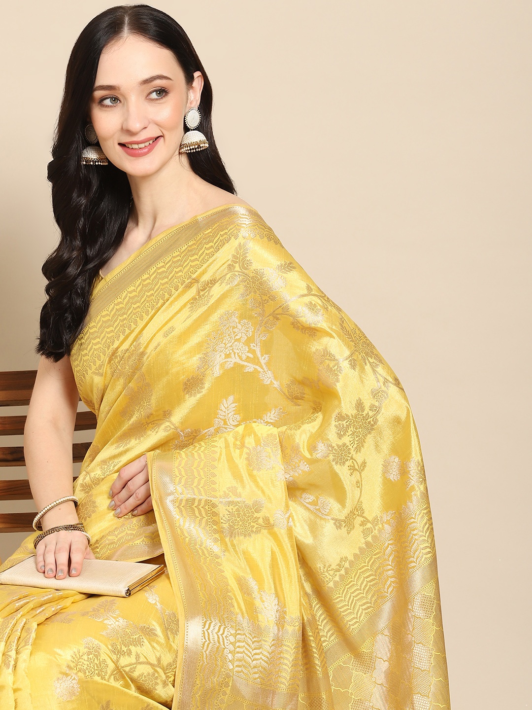 

all about you Yellow & Gold-Toned Floral Zari Organza Saree