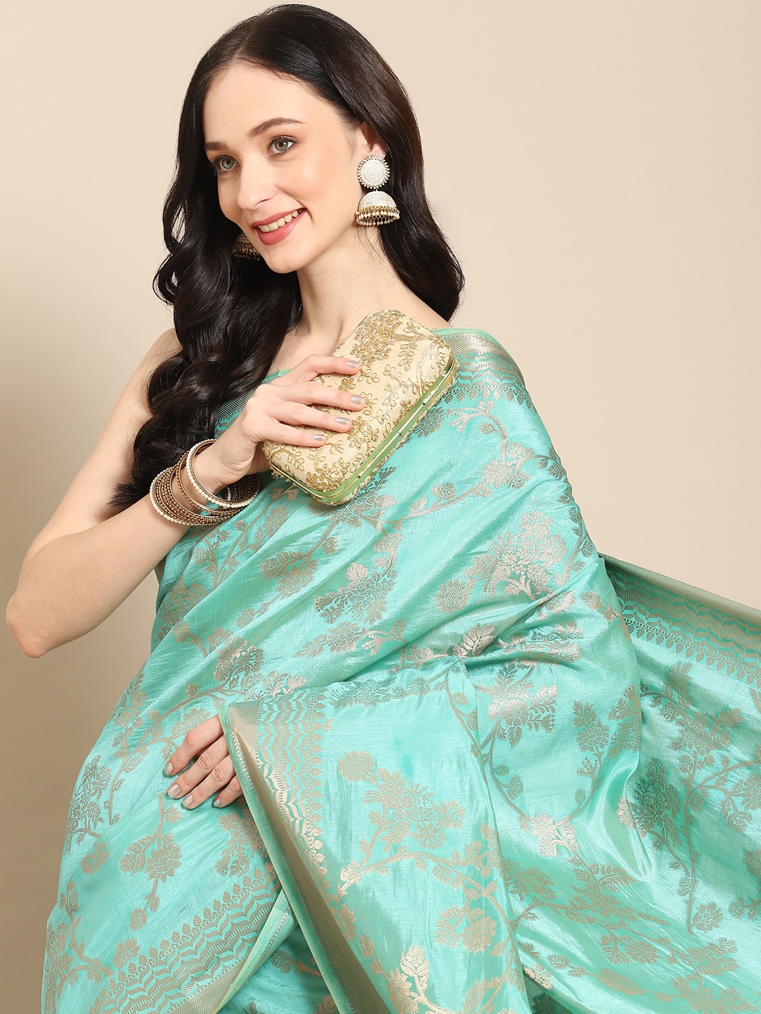 

all about you Sea Green & Gold-Toned Floral Zari Organza Saree