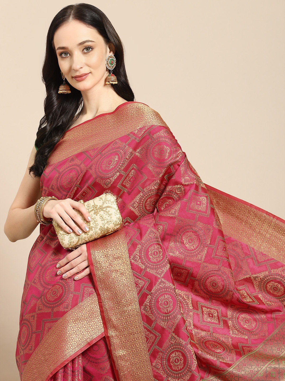 

all about you Pink & Gold-Toned Ethnic Motifs Zari Silk Blend Saree