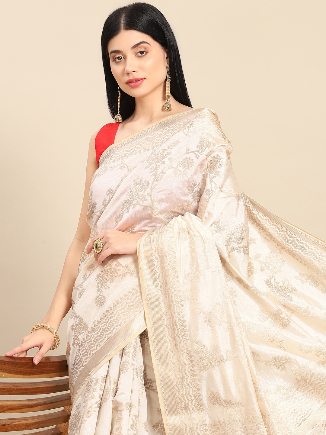 

all about you Peach-Coloured & Gold-Toned Floral Zari Organza Saree